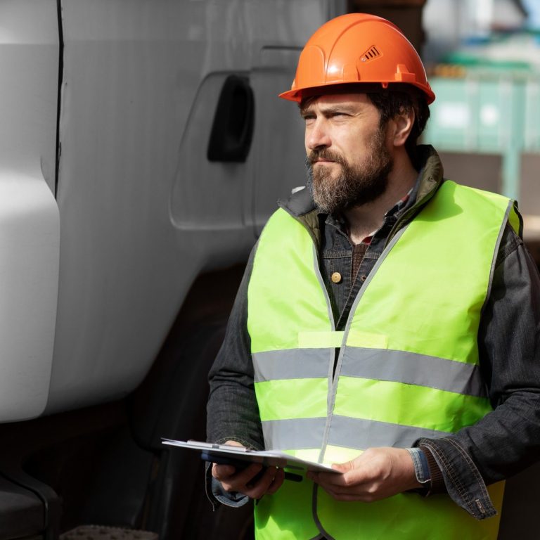 Mann in orange Helm und grüner Weste hält ein Dokument, steht neben einem Lastwagen.